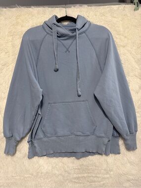 American Eagle Womens Oversized Hoodie XS Blue Side Slits Comfy Ribbed Cuffs Hem